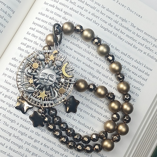 Customized talisman moon and stars pendant on pearl strand