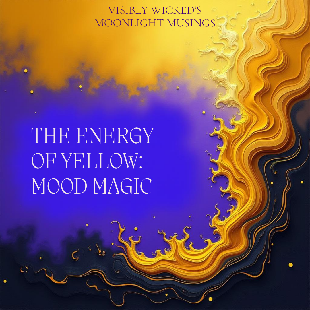 Swirls and splashes of various shades of yellow on a blue background with the words "the energy of yellow mood magic"